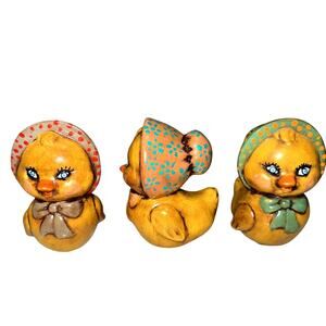 3 Vintage Ceramic Easter Chicks Handmade Set 3" Chickens Kitsch 1970s Farmhouse